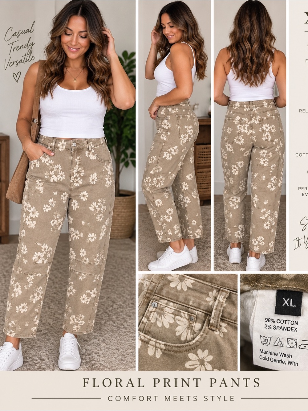 Floral Print Barrel Pants - Taupe Floral